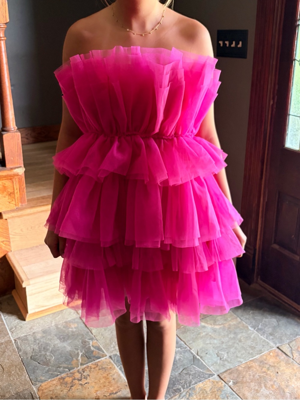 Altar'd State Vibrant Fuchsia Strapless Layered Tulle Mini Dress
